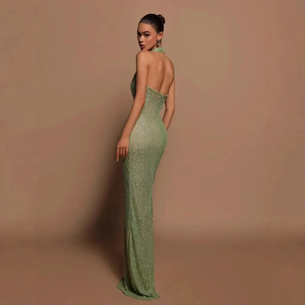 Prom Dress Wedding Guest Party Long Halter Neck Maxi Length Black Sequin Evening Dress Luxury Party Backless Design Gown