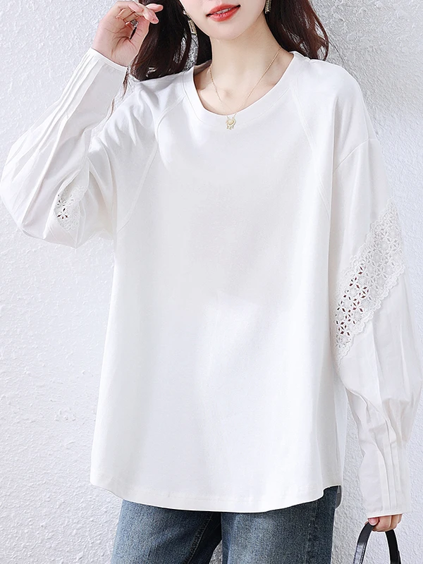 Hoodie Wanita Model Lace Splicing, Longgar, Bahan Katun Nyaman, Cocok untuk Musim Gugur, Model Kasual, Fit Longgar, Atasan Baju Kaos