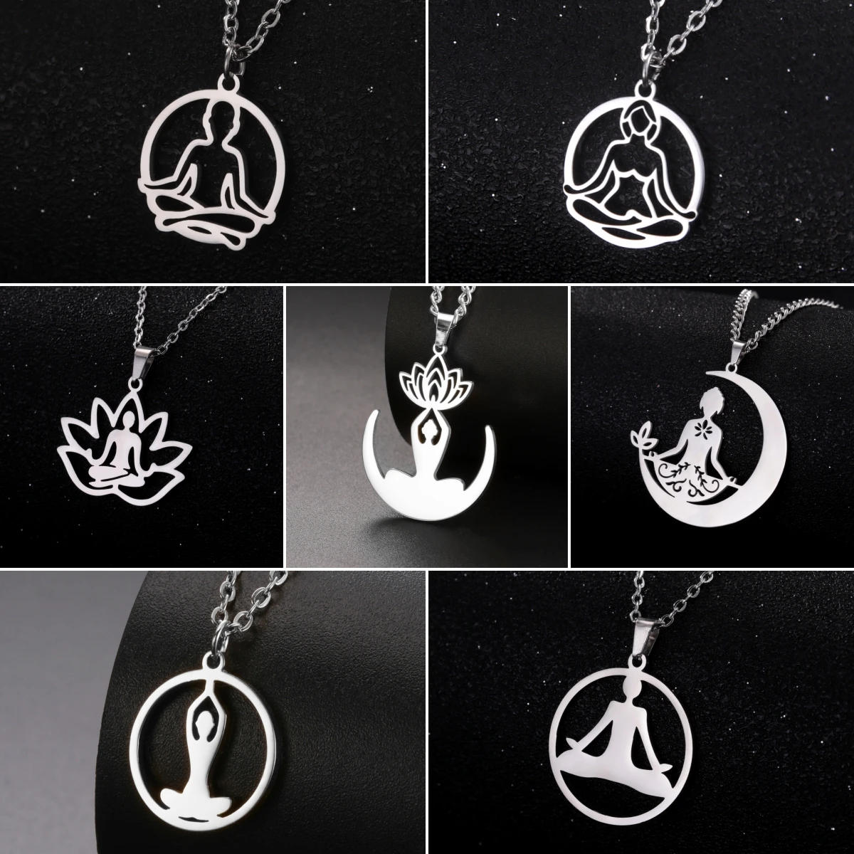 LIKGREAT Round Buddhism Yoga Lotus Pendant Necklace for Women Men Stainless Steel Buddha Crescent Moon Amulet Protector Jewelry