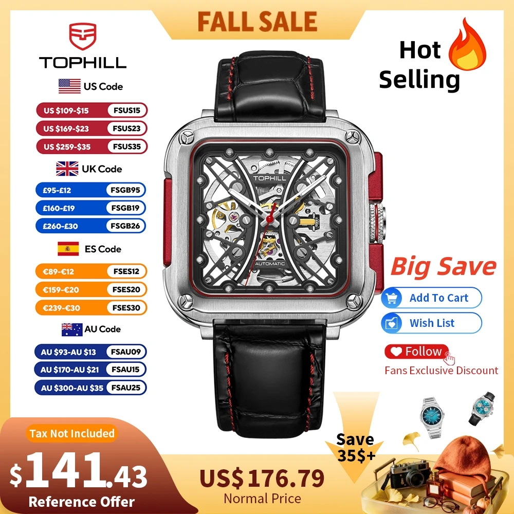 TOPHILL Skeleton Man Watch Automatic Mechanical 42mm 28D0 Hollow Dial Design Sapphire Super Luminous Urban Sports TUT002G