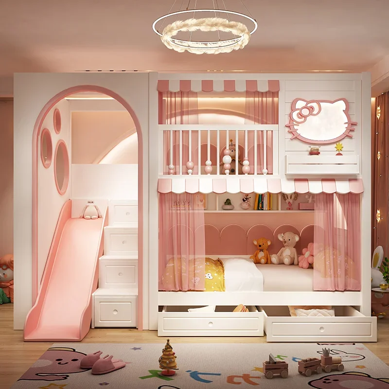 

Customizable solid wood children's bunk beds with two layers of girls' high and low mother beds and girls' mother