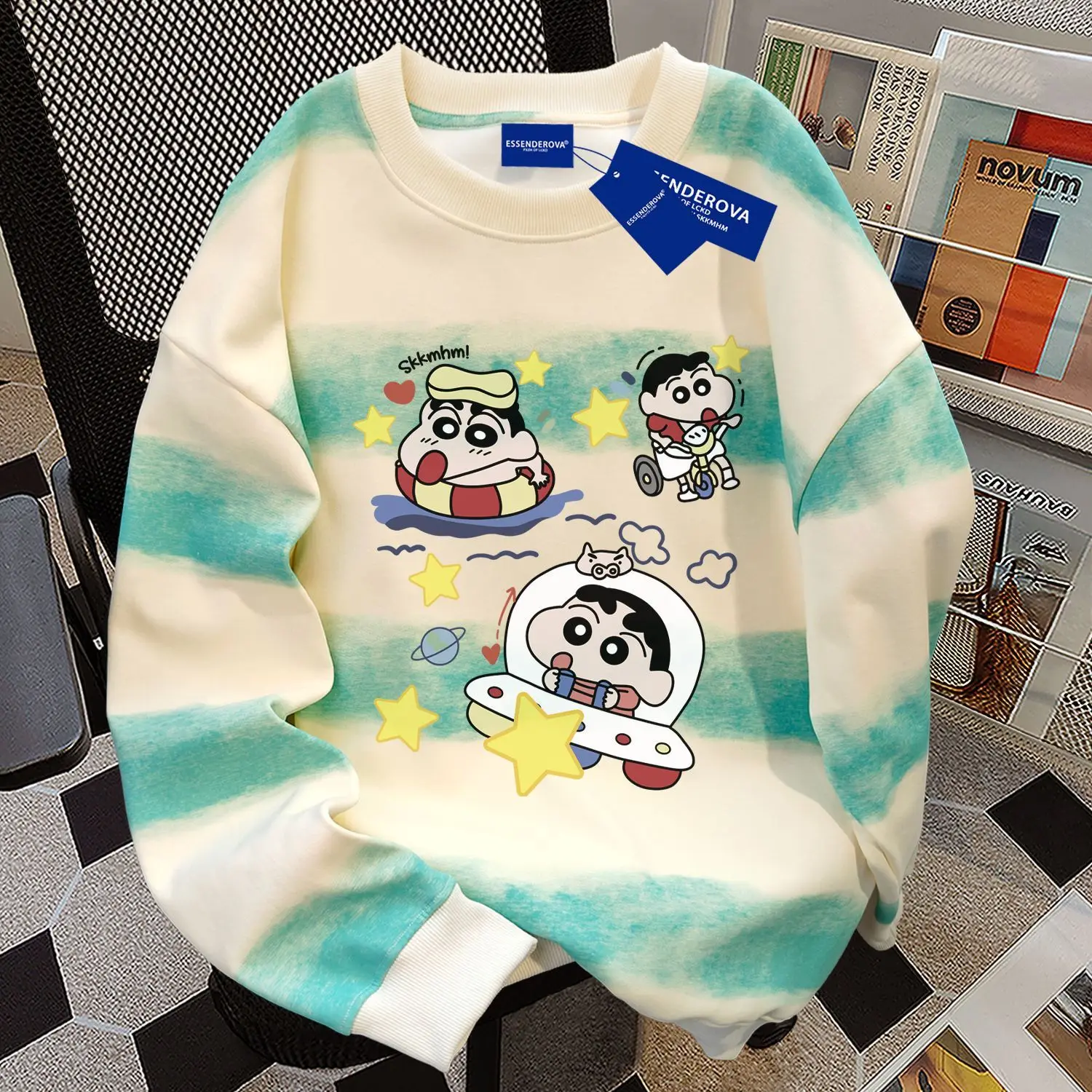 

Cartoon Crayon Shin-chan Pure Cotton Sweatshirt Cute Tie-dye Horizontal Bar Round Neck Sweatshirt Women's Thick Loose Slim Top