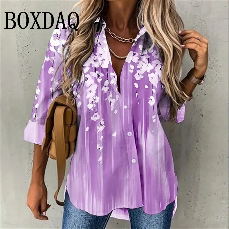 2025 New Spring Women Shirts Flower Print Lapel Long Sleeve Loose Single-Breasted Casual Blouses Fashion Button Lady Top Clothes