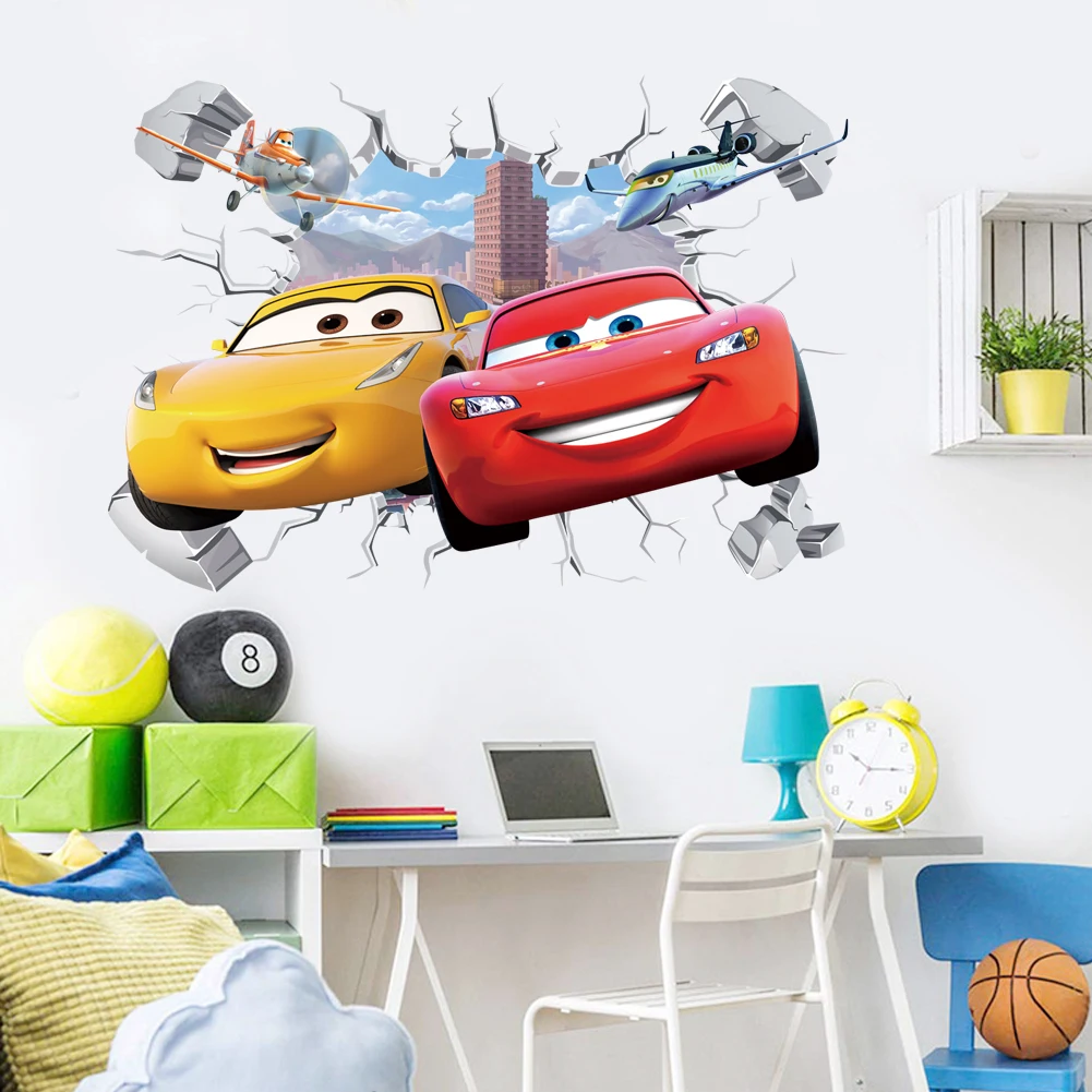 3D Brokenwall saetta McQueen cartoni animati auto decorazioni murali decalcomanie per ragazzo camera da letto camera dei bambini carta da parati