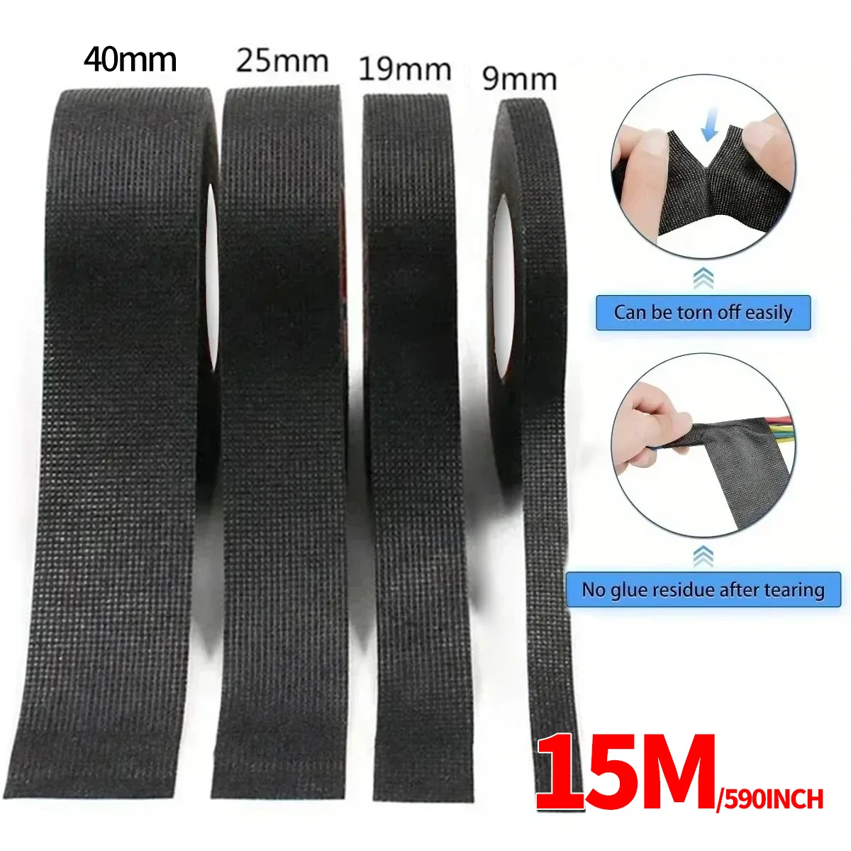 15M Heat-Resistant Flame Retardant Cloth Tape for Car Cable Harness Protection, Adhesive Wiring Loom Tape, Width 9/19/25/40mm