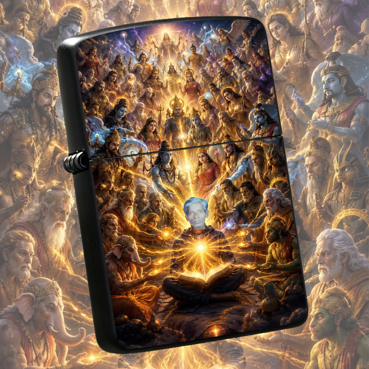 Creative Lighter With Exquisite Indian Myth Gods Surrounding Art Print, Aesthetic Glowing Sacred Figure Pattern Portable Accessory, Ideal For Daily Use, Outdoor Activities, Family Gathering And Gifting To Your Friends A Humorous And Interes