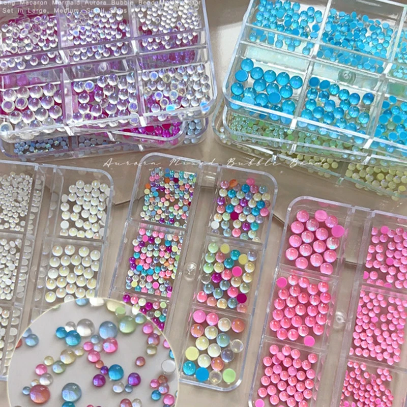 Colorful Mermaid Bubble Bead Half Round Flat Bottom Shiny Aurora Size Mixed Candy Color Nail Art Accessories Decoration Manicur