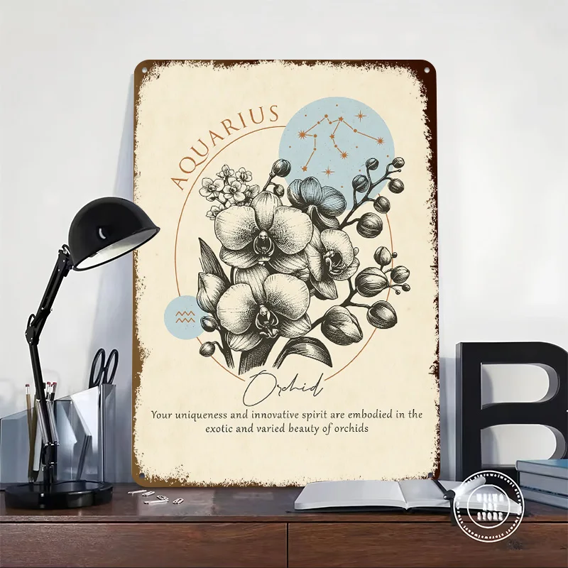 Aquarius Zodiac Orchid Print Metal Poster Customized Wall Art Retro Vintage Metal Signs for Man Cave House Living Room Decor