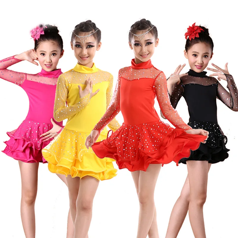 New Girls Latin Dance Practice Performance Costume concorso di classificazione per bambini Costume da spettacolo con paillettes a maniche lunghe