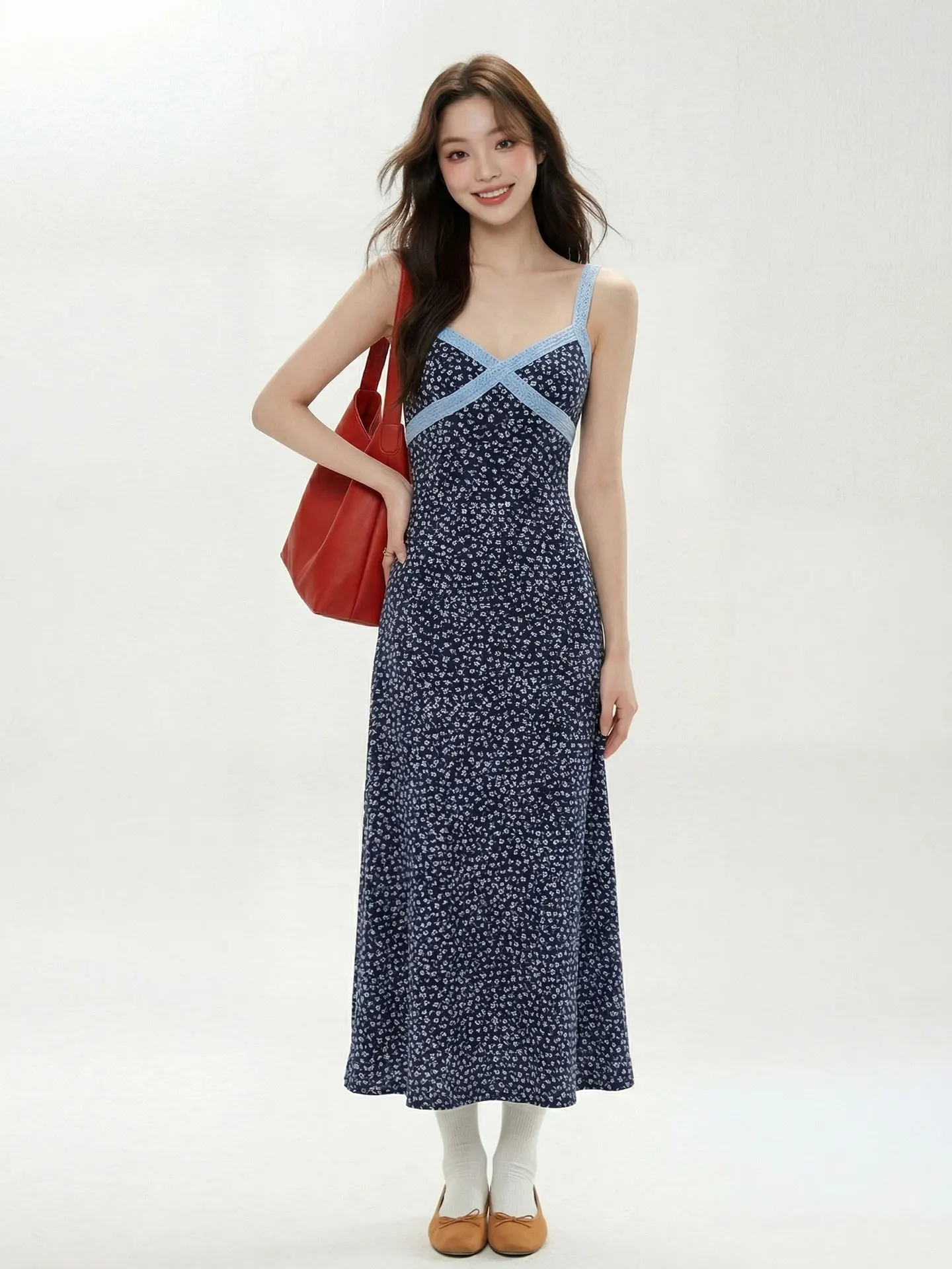 

Chic Blue Lace Trim Splice Floral Print Summer Dress Women's Elegant High Waist Long Skirt Sleeveless V-Neck City Commute