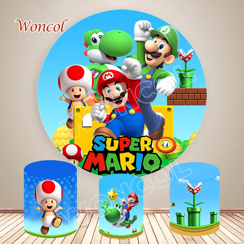 Super Mario Round Backdrop Mario Luigi Yoshi Background Toad Mario Piranha Plant Cylinder Cover Boy Birthday Party Decor Prop