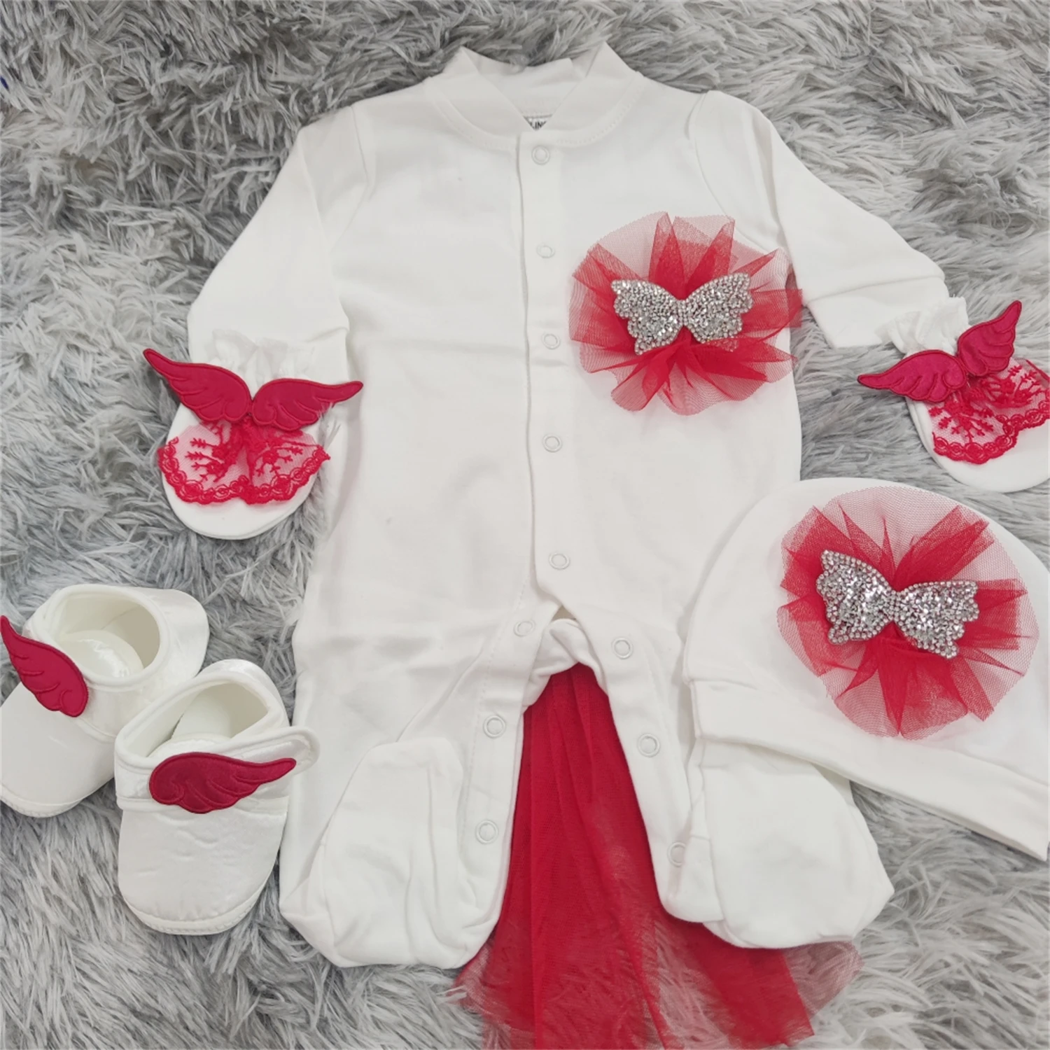 Red Tulle Rhinestone Bow Angel Wing Baby Footed Romper Newborn 0-9 Months 4Pcs White Princess Baptism Gift