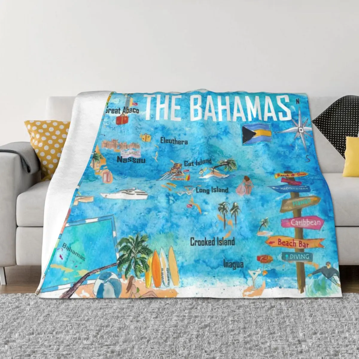 

The Bahamas Illustrated Map with Main Roads Landmarks and Highlights Throw Blanket For Baby Sofas christmas gifts Blankets