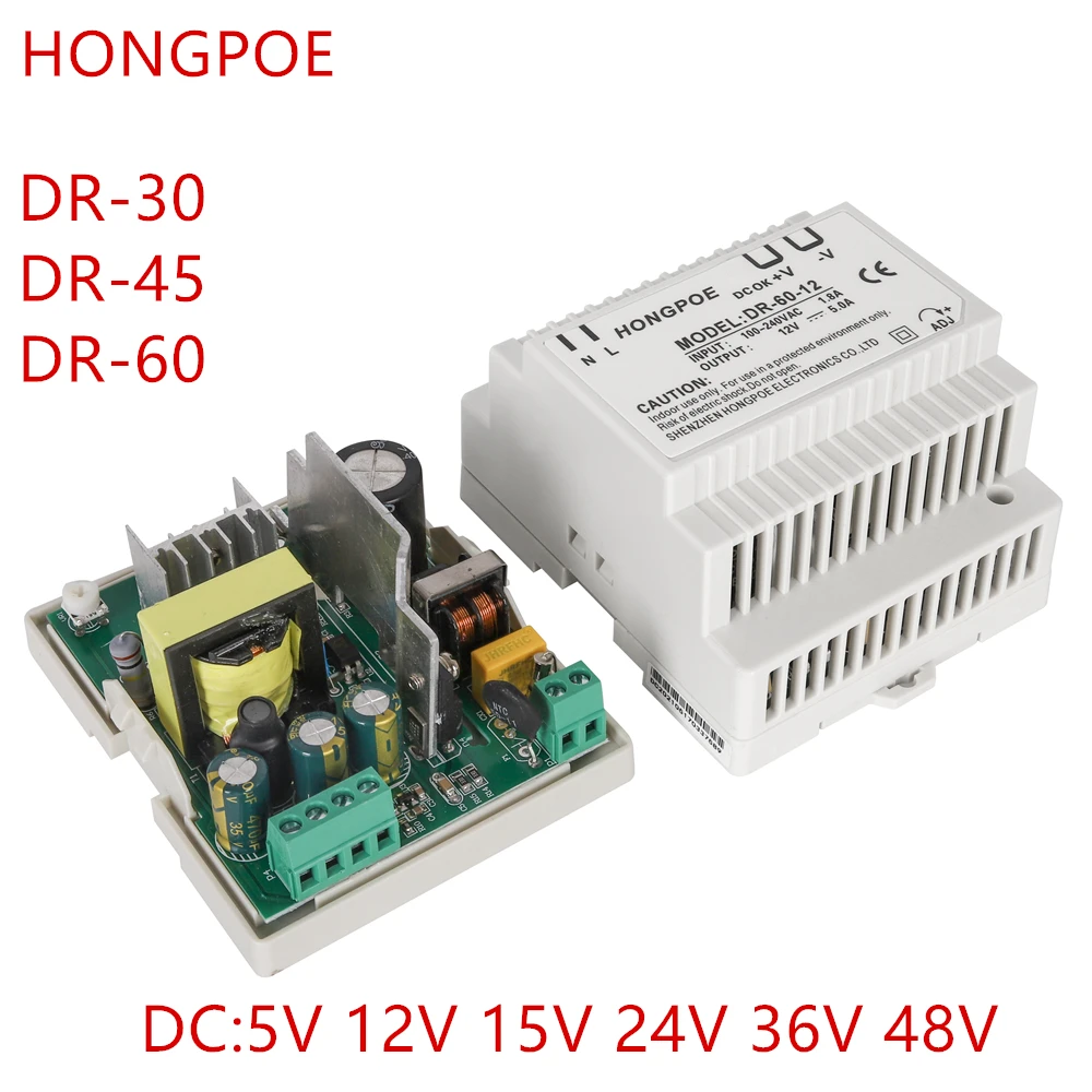 Промышленный источник питания Hongpoe на DIN-рейке DR30 DR45 DR-60 SMPS AC-DC 100-240 В с одним выходом из материкового Китая...