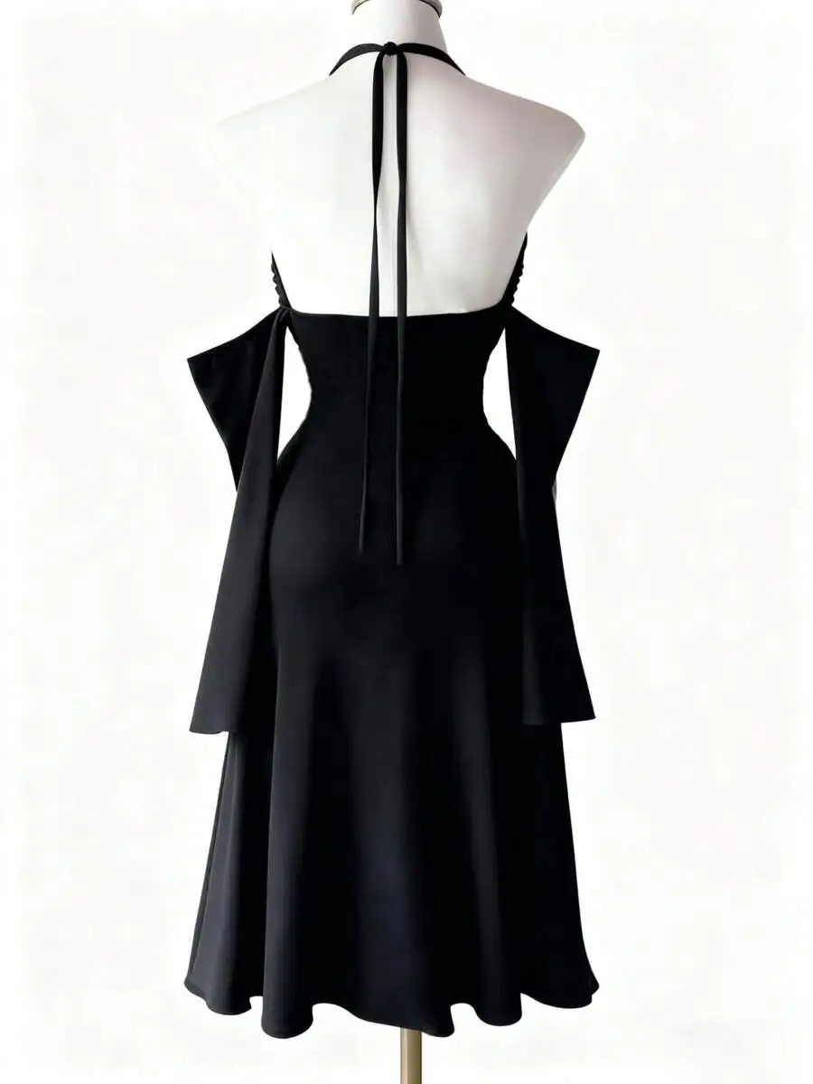 

Black Off Shoulder Halter Evening Dress With Cutout Sleeves And Back Tie