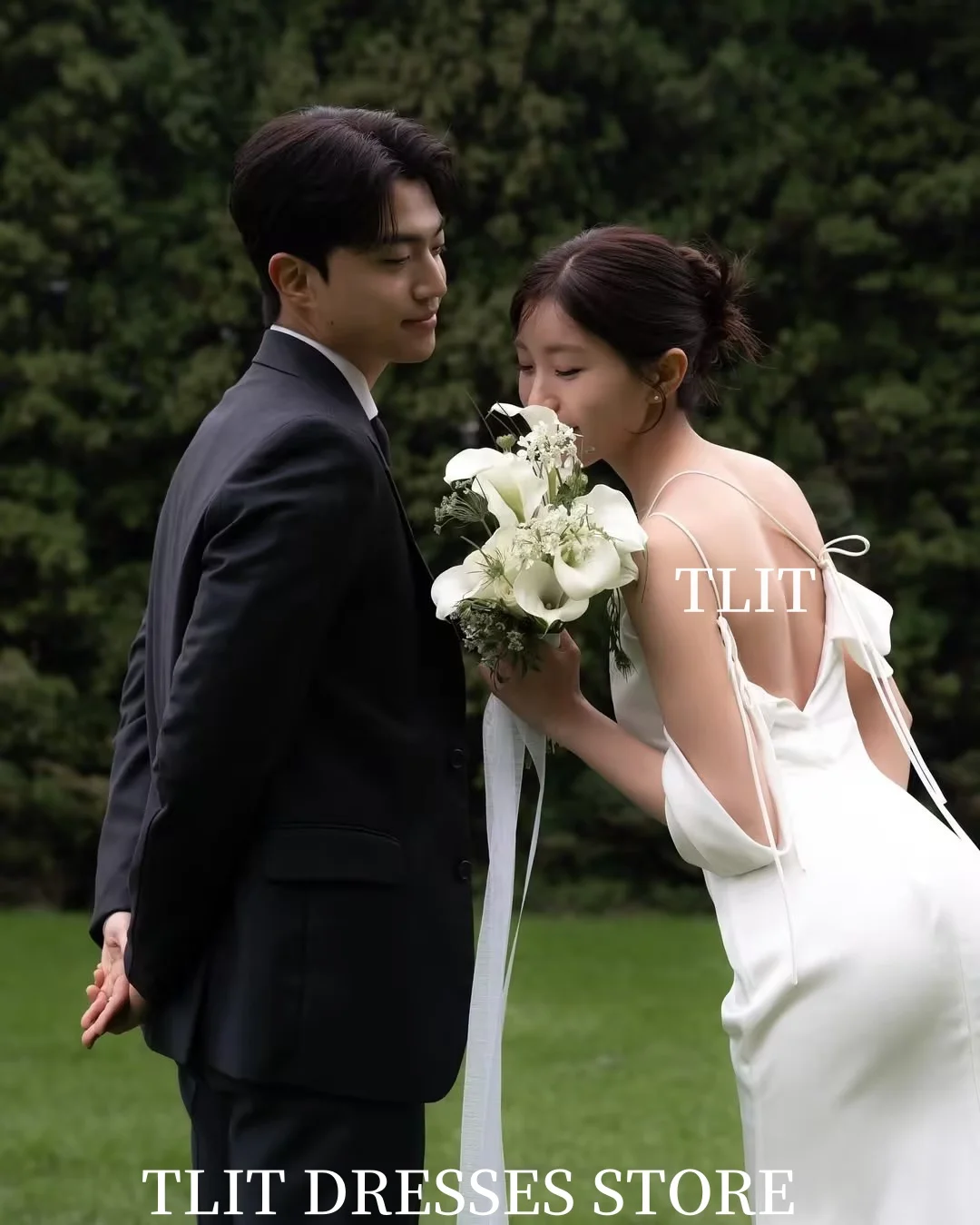 Elegancka biała suknia ślubna syrena z satyny na ramiączkach spaghetti, dekolt łódka, suknie ślubne Koreańskie sesje zdjęciowe ślubne, szyta na miarę