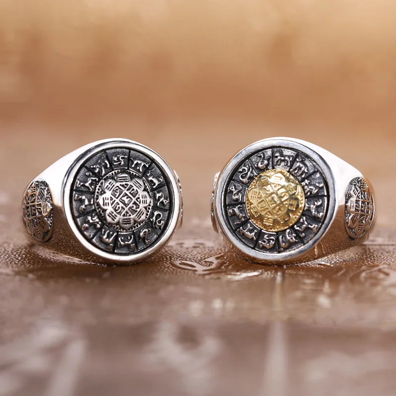 

S925 sterling silver jewelry retro thai silver zodiac zodiac year rotating ring stylish men's ring