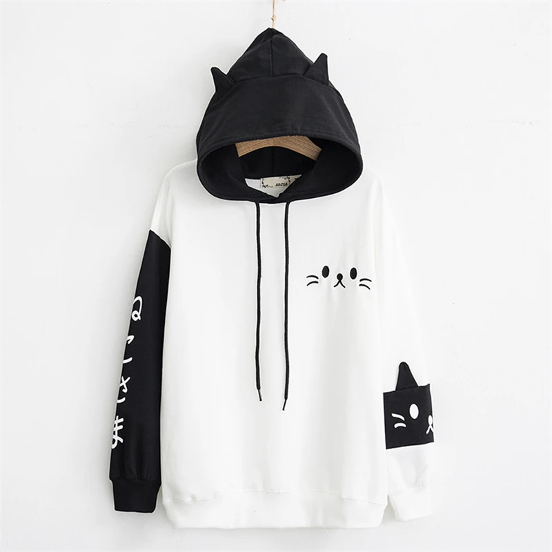 New Creative Cat Cartoon Print Color Blocking Hoodie With Black And White Patchwork Cute College Style Hoodie For Women