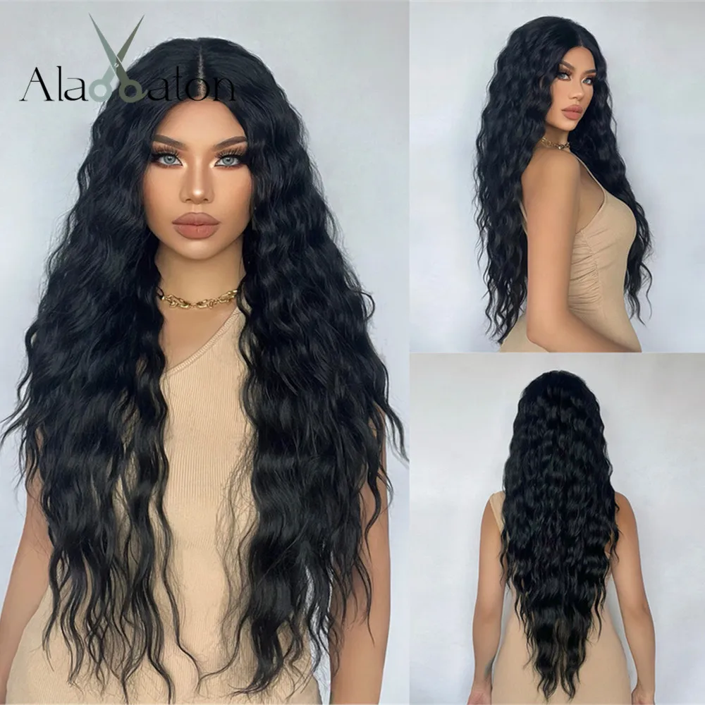 

ALAN EATON 13*1 Lace Front Black Curly Synthetic Wig Long Natural Looking Lace Wigs for Afro Women Daily Hair Heat Resistant Wig