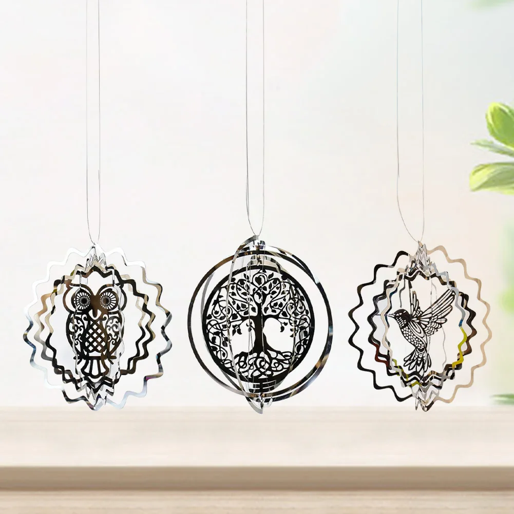 Stainless Steel Wind Spinner Chimes Pendant 3D Rotating Hummingbird Tree Life Owl Hanging Outdoor Home Garden Farmhouse Decor