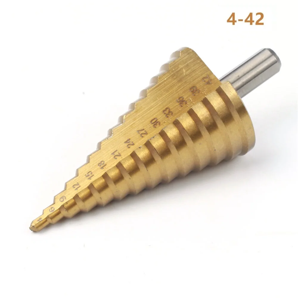 Hss Titanium Revestido Passo Broca Broca Elétrica Toolsmetal Alta Velocidade de Aço Cortador de Furo de Madeira Passo Cone Broca Peças 432 442 mm