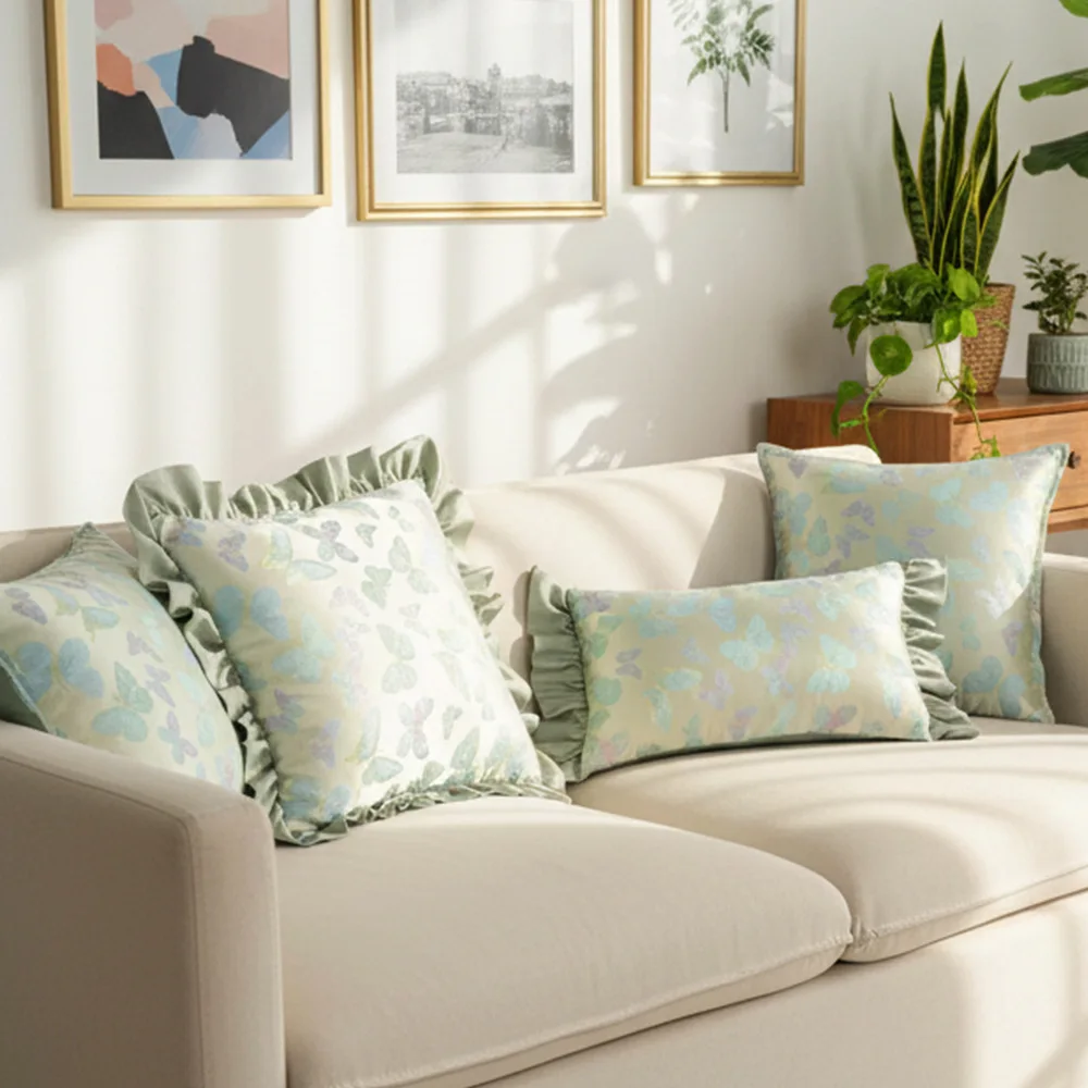 Nordic Sofa Throw Pillowcase Cojines Butterfly Jacquard Green Lotus Leaf Lace Cushion Cover Living Room Sofa Decor Pillowcases