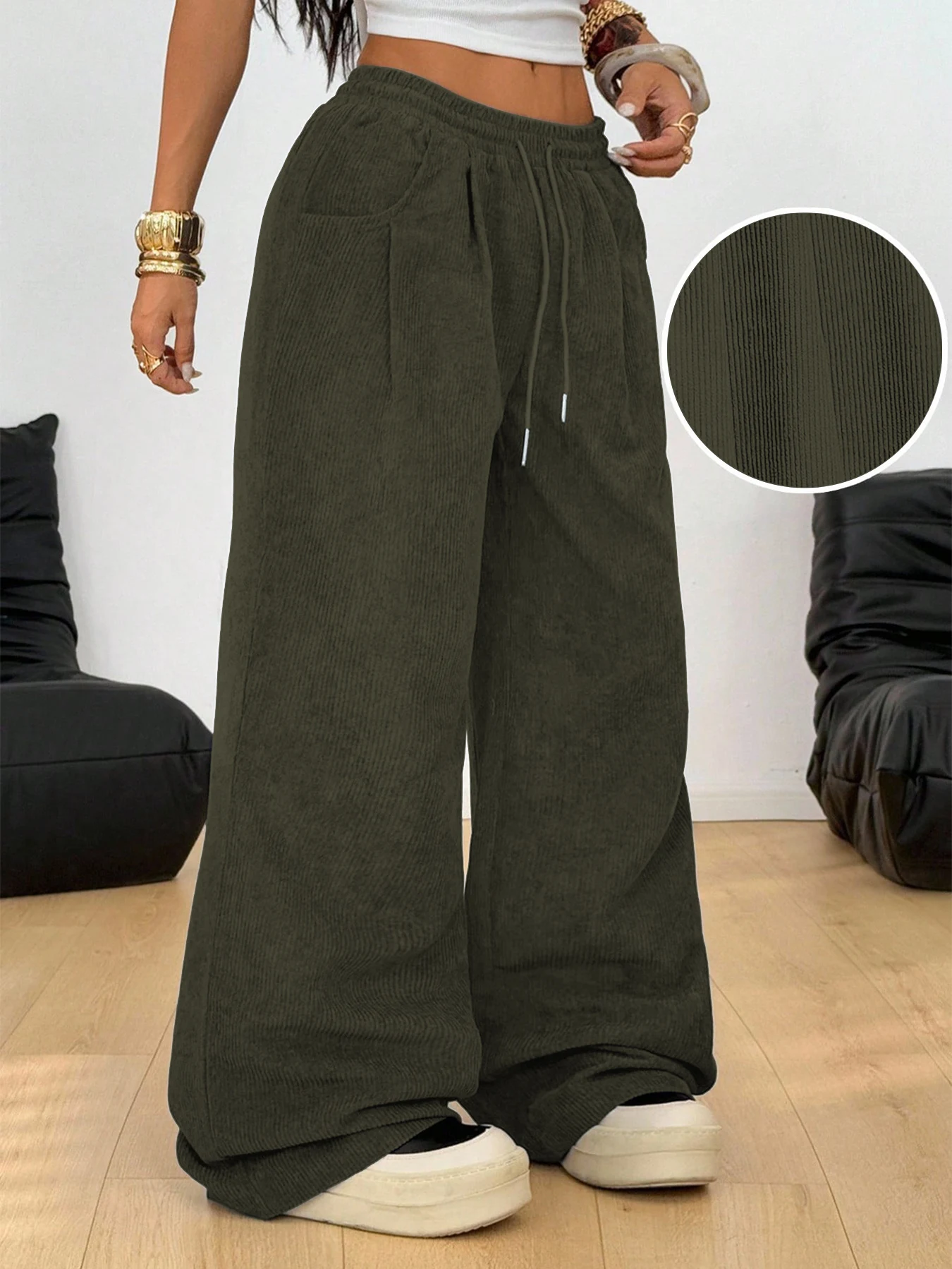Women's Retro Corduroy Cargo Pants Casual Drawstring Straight Sports Pants Drape Daily Commuting Wide Leg Pants