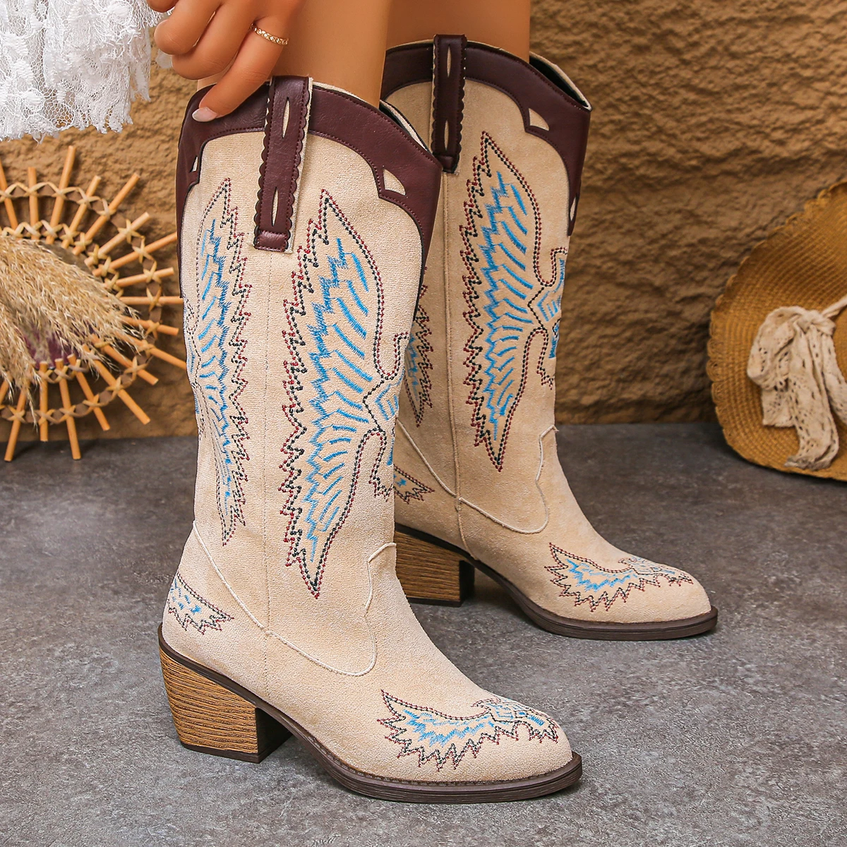 Purple Knee High Embroidery Western Boot Woman Classic Pointed Toe Mid Heeled Long Riding Boots Ladies Vintage Cowboy Shoes