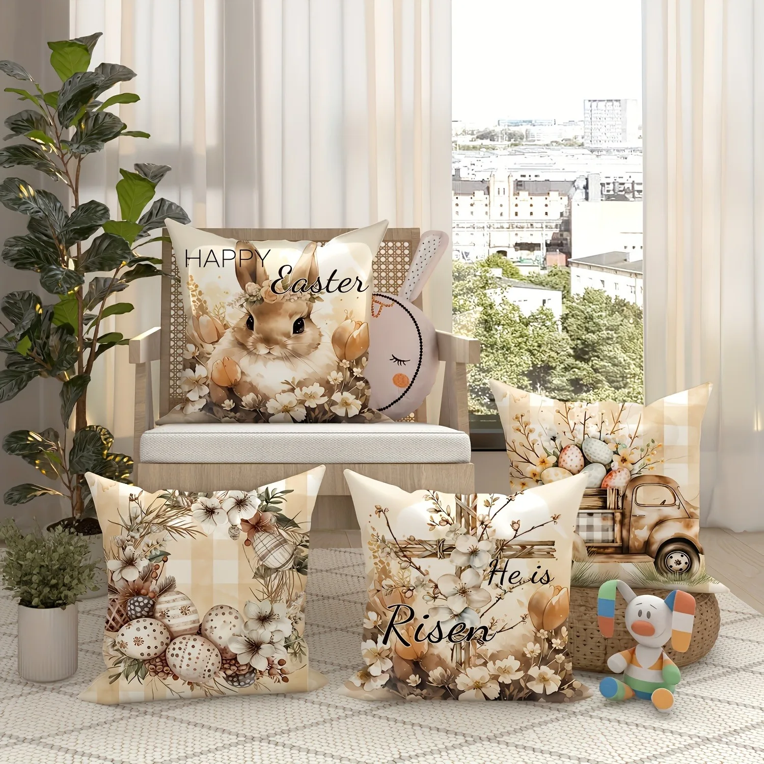 Happy Easter decoration pillow cover Rabbit flower truck and Egg pattern design Sofa cushion cover home room decoration