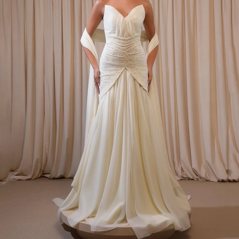 

Women's Mermaid Evening Dresses Floor-length Strapless Sleeveless Prom Gown Fashion Pleat Beading Simple Stole Customized Gown
