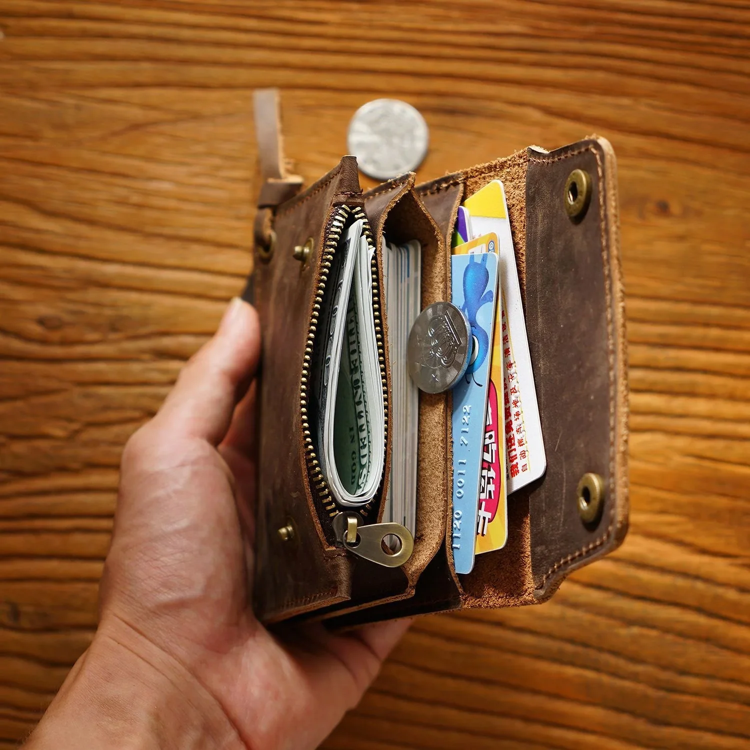 100% Genuine Leather Men Wallets Vintage Cowhide Zipper Coin Purse Multifunction Business Card Holder Small Portable Storage Bag