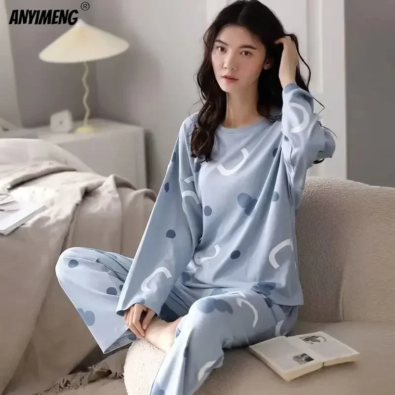 M-5XL Big Size Autumn Spring Pajamas Set for Women Kawaii Printing Sleepwear for Girl Fashion Long Sleeve O-neck Woman\'s Pijamas