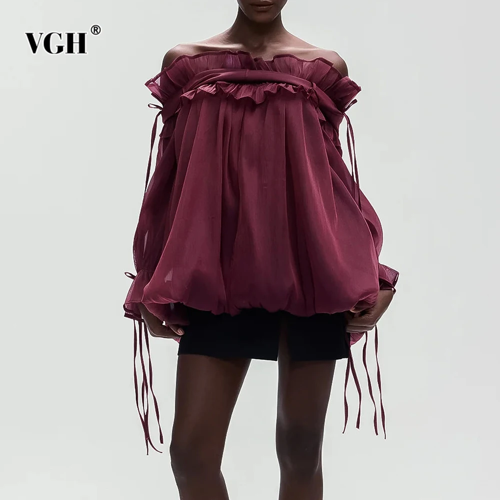 

VGH Elegant Solid Loose Folds Blouses For Women Slash Neck Off The Shoulder Sleeve Spring Temperament Shirts Female Fashion New