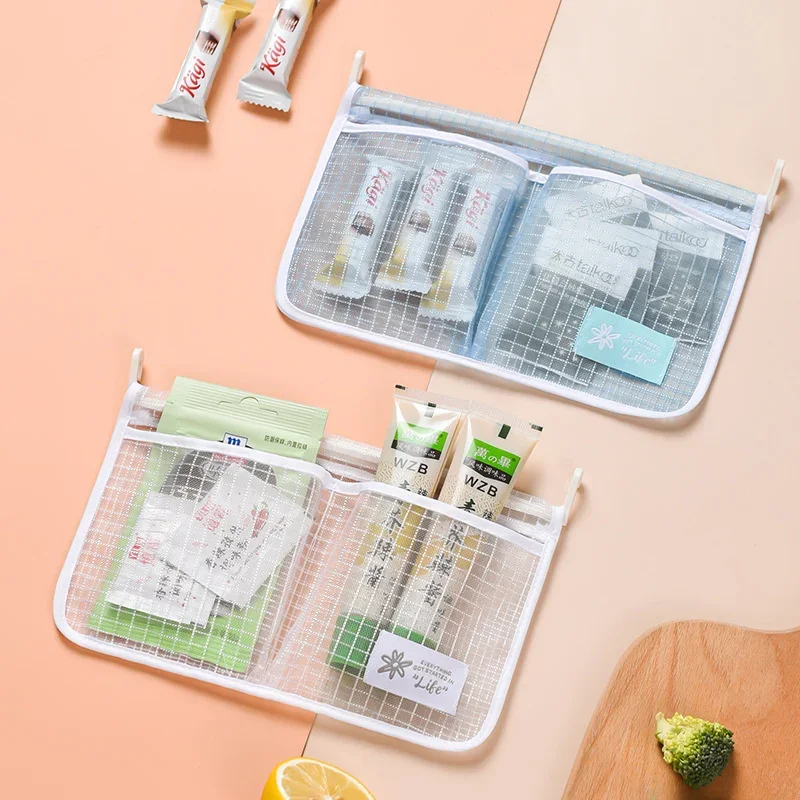 Refrigerator Storage Mesh Bag Double Compartment Hanging Pouch Kitchen Organizer Pockets with Hook Washable Fridge Net Bag