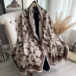 NEW Camellia Design Pattern Two-Sided Scarf Cashmere Soft Warm Fringe Pashmina Shawl Winter Coldproof Windproof Blanket Scarf