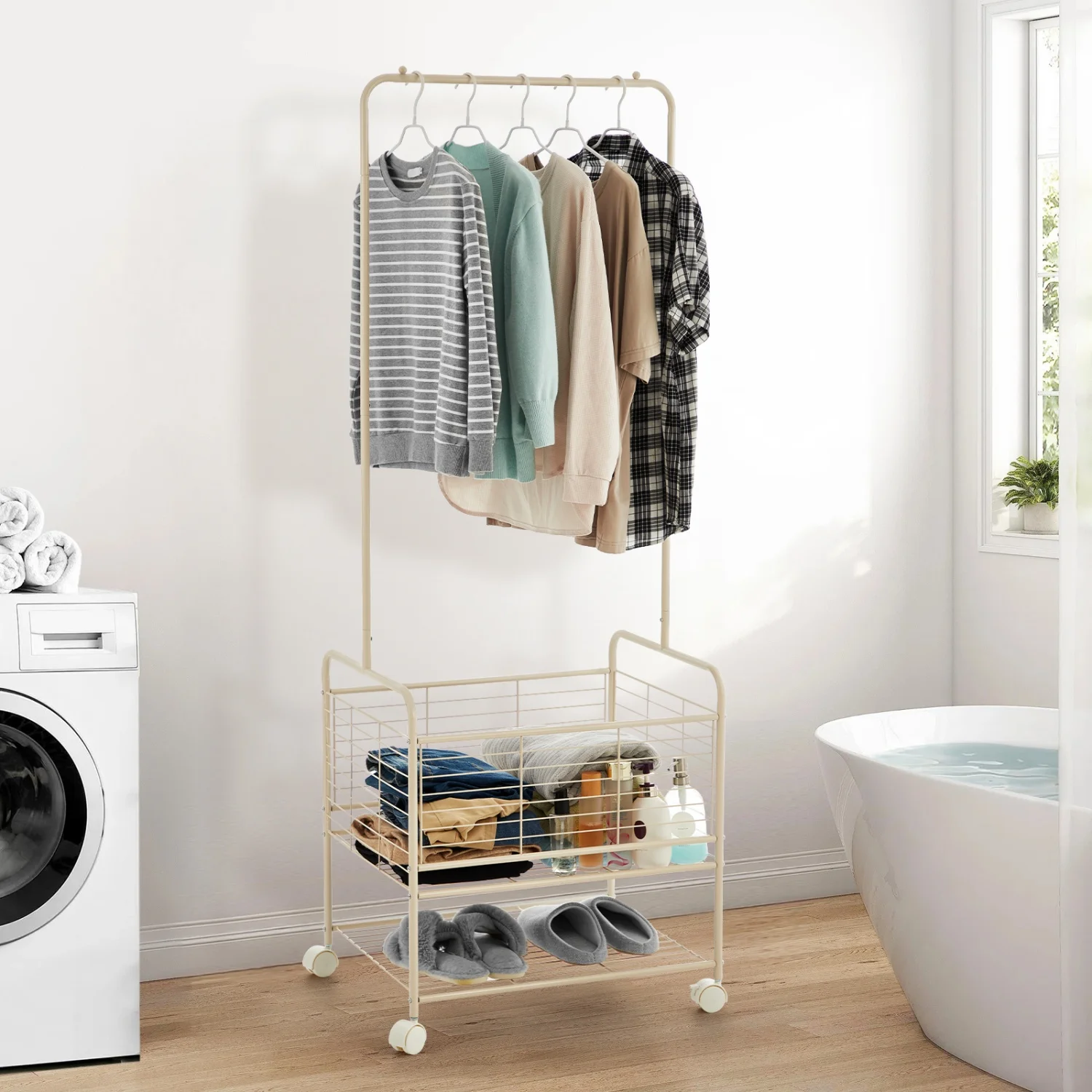 Clothes Rack with Wheels, Freestanding Metal Garment Organizer with Storage Basket & Shelves, Portable Heavy Duty Hanging Clothing Rack for Laundry Room Bedroom Bathroom