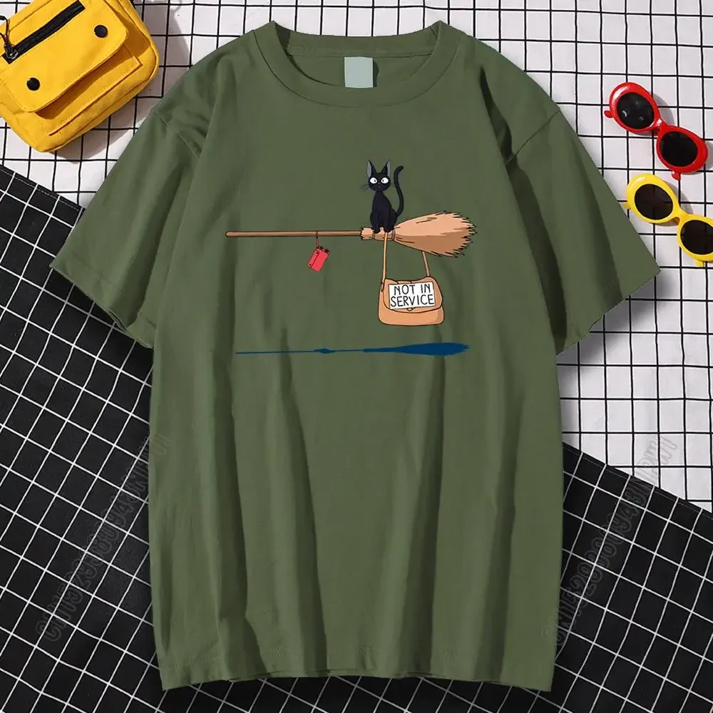 

Delivery Service Black Cat Broom Graphic Tee Soft Cotton Round Neck Casual T-Shirt