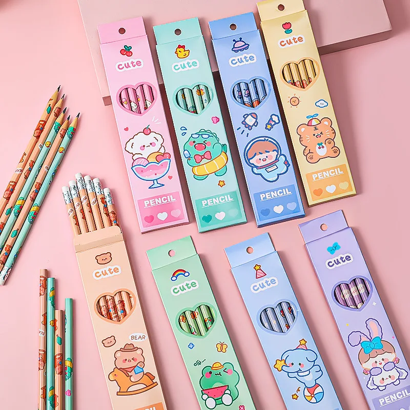 6PCS/SET Cartoon Cute Graphite Animation Pencil HB Kawaii Children's Sketch Pencil With Rubber Student Stationery Writing Pencil