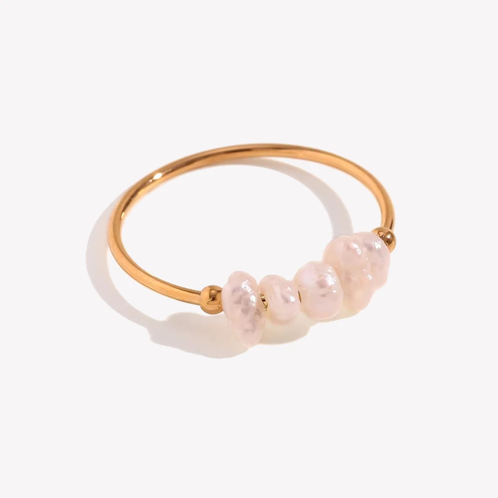 E.B.belle Gold Plated Stainless Steel Freshwater Pearls Rings For Women Accesorios Para Mujer Bagues Acier Inoxydables Femmes
