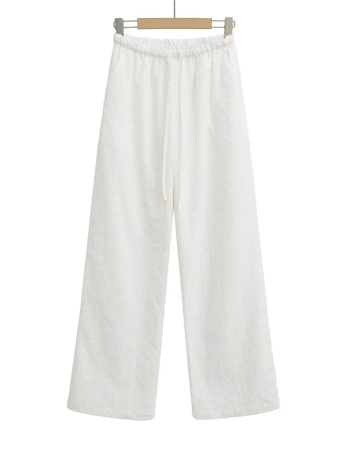 

Белые вышитые широкие брюки для женщин, прямые повседневные свободные длинные брюки на шнурке, модные, с высокой талией, во французском стиле