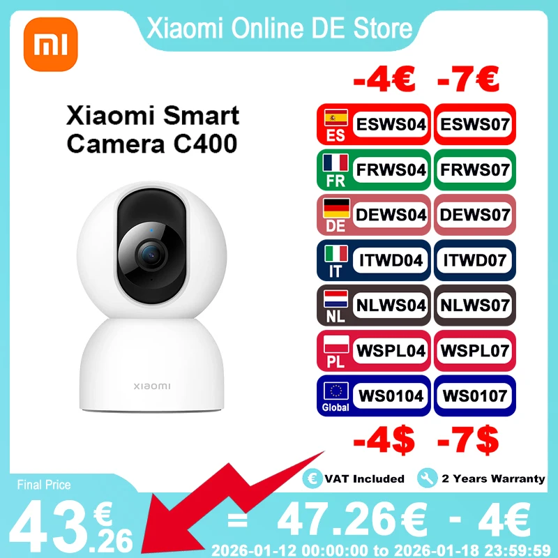 Xiaomi Smart Security Camera C400 Versione globale H265 Al rilevamento umano 4MP/360 °   Rotazione 2,4 GHz/5 GHz Supporto Wi-Fi bidirezionale A