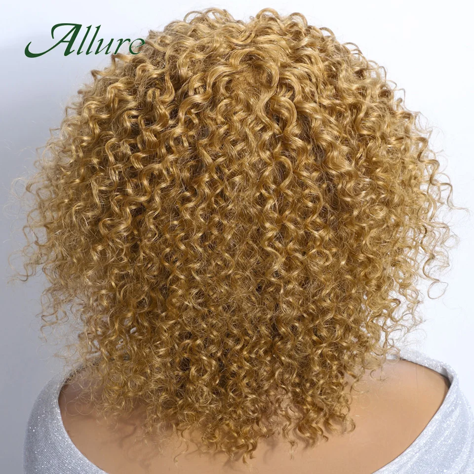 Brazilian Water Wave Human Hair Wigs for Black Women Honey Blonde Hair Wig With Bangs 14 inch Short Kinky Curly Hair Wig Allure