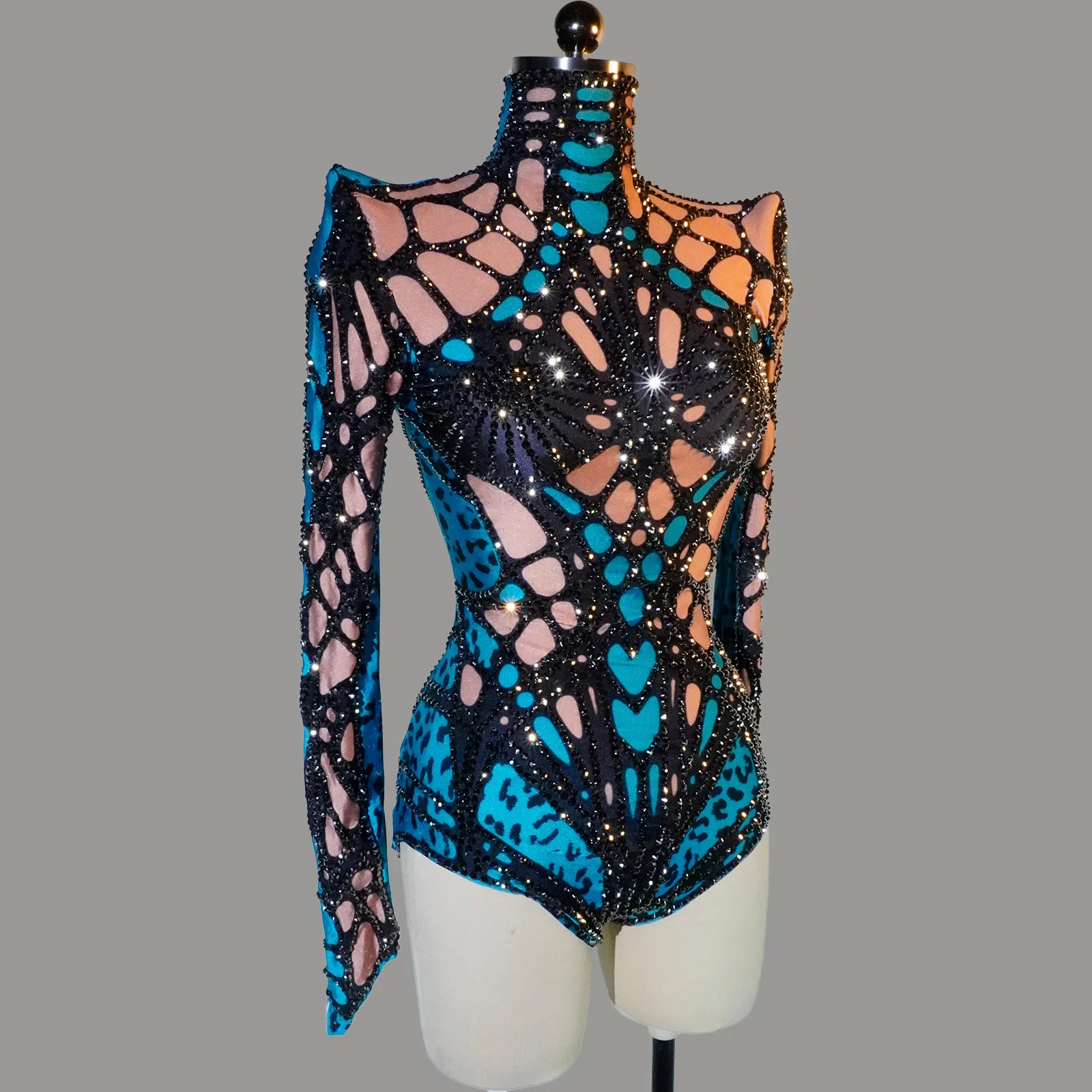 

Blue Color Block Sparkly Rhinestone Turtleneck Long Sleeve Sexy Jumpsuit Drag Queen Party Bar Stage Performance Costume