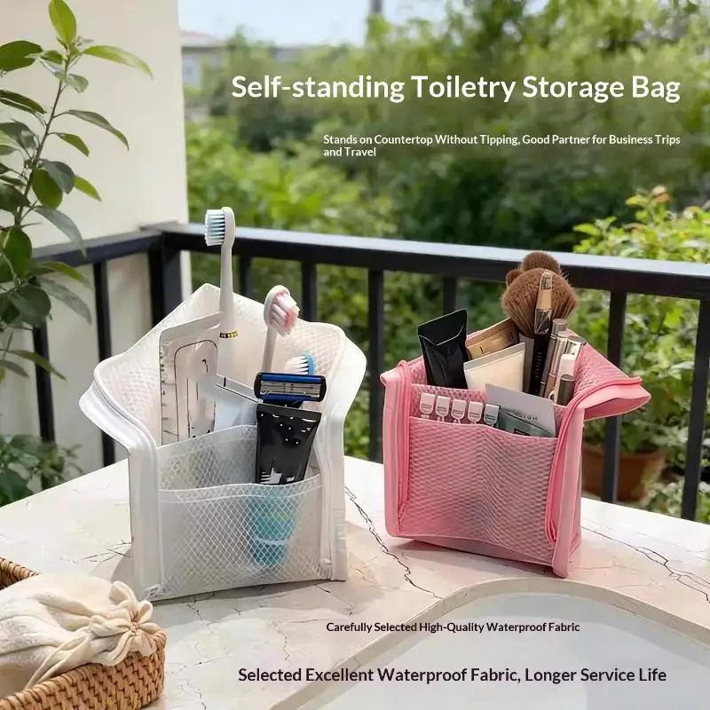 [T] Breathable Mesh Travel Toiletry Bag With Stand Up Design Storage Pockets For Vacation Business Trip