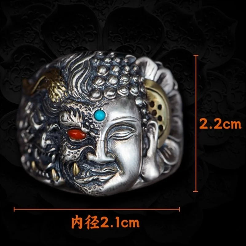 Personalized Domineering Double-side Buddha Demon Ring For Men Jewelry Vintage Agate Ring Male Blessing Amulet Accessories