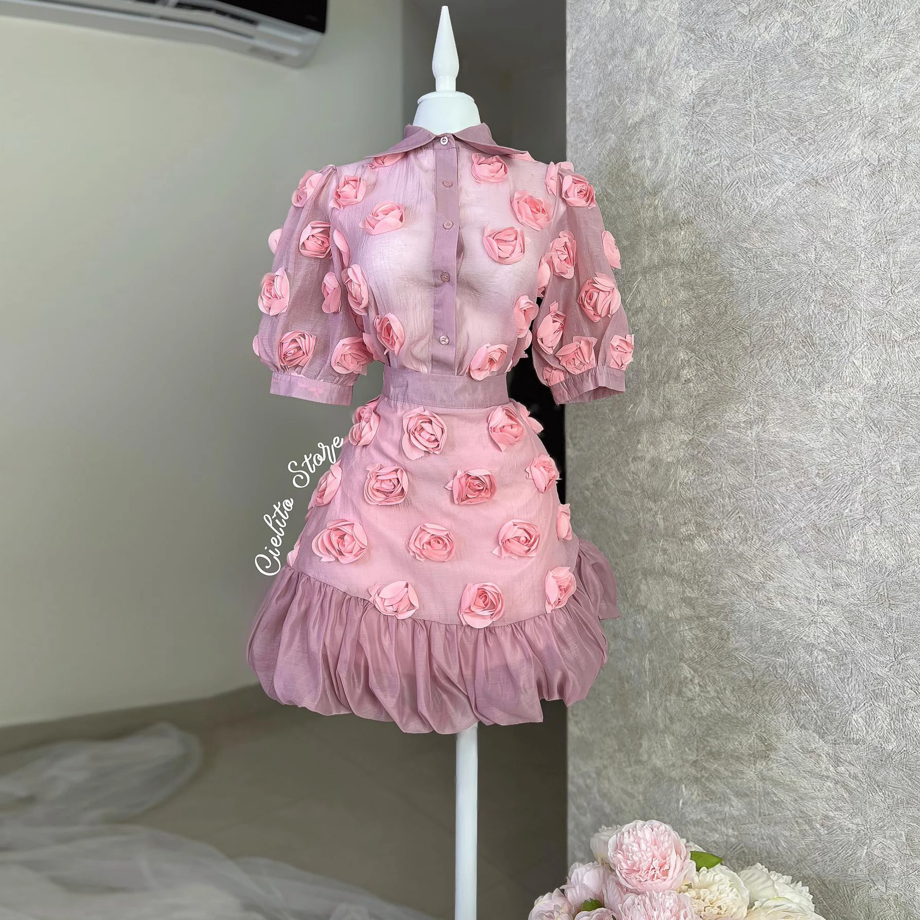 Chic 3D Flowers Mesh Women Dresses Pretty Half Sleeves Ruffles Mini Cocktail Party Dress Custom made Short Girls Brithday Gowns