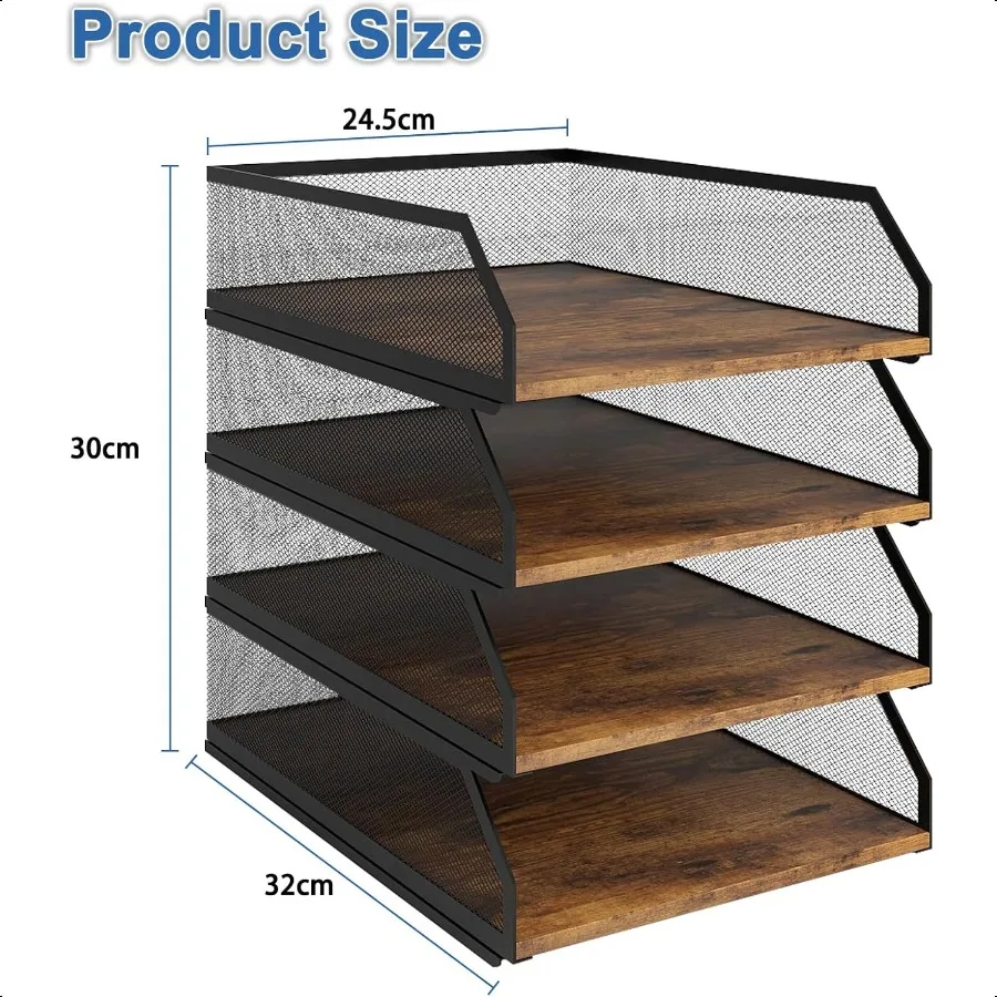 Natwind 4-уровневый штабелируемый лоток для бумаги, металлическая сетка, настольный органайзер, деревянная доска, сортировщик бумаги, лотки для писем, стеллаж для хранения файлов и документов