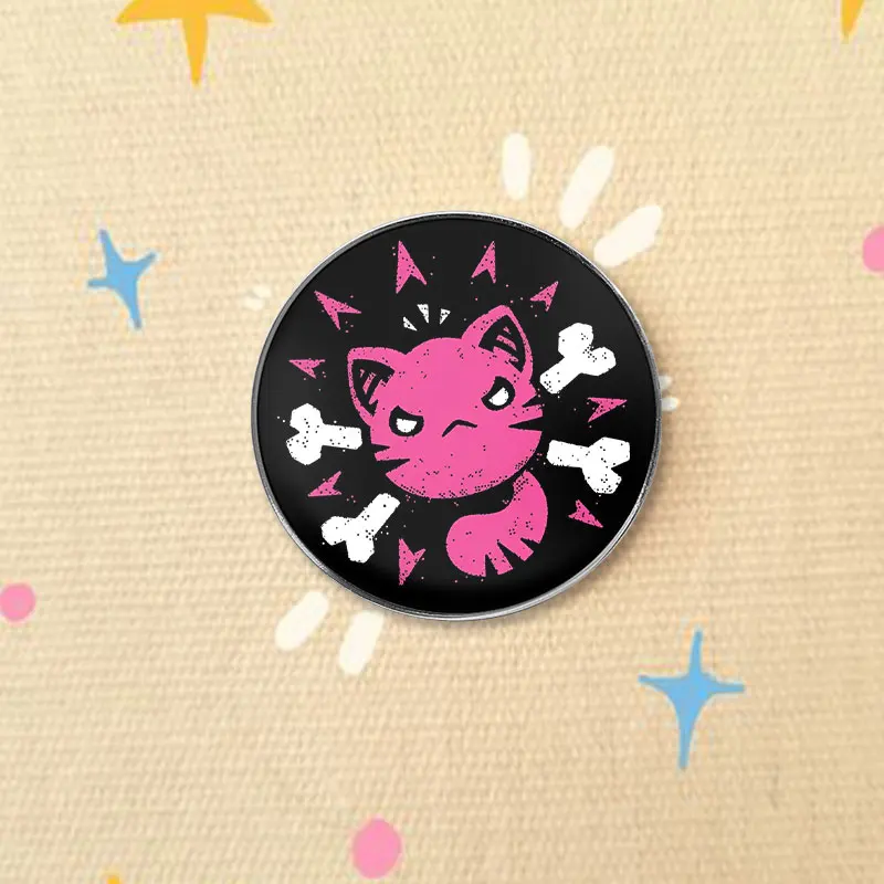 Edgy Pink Cat with Bones UV Printing Pin Punk Style Animal Brooch Lapel Badge Jewelry Gift for Rock Music Fan