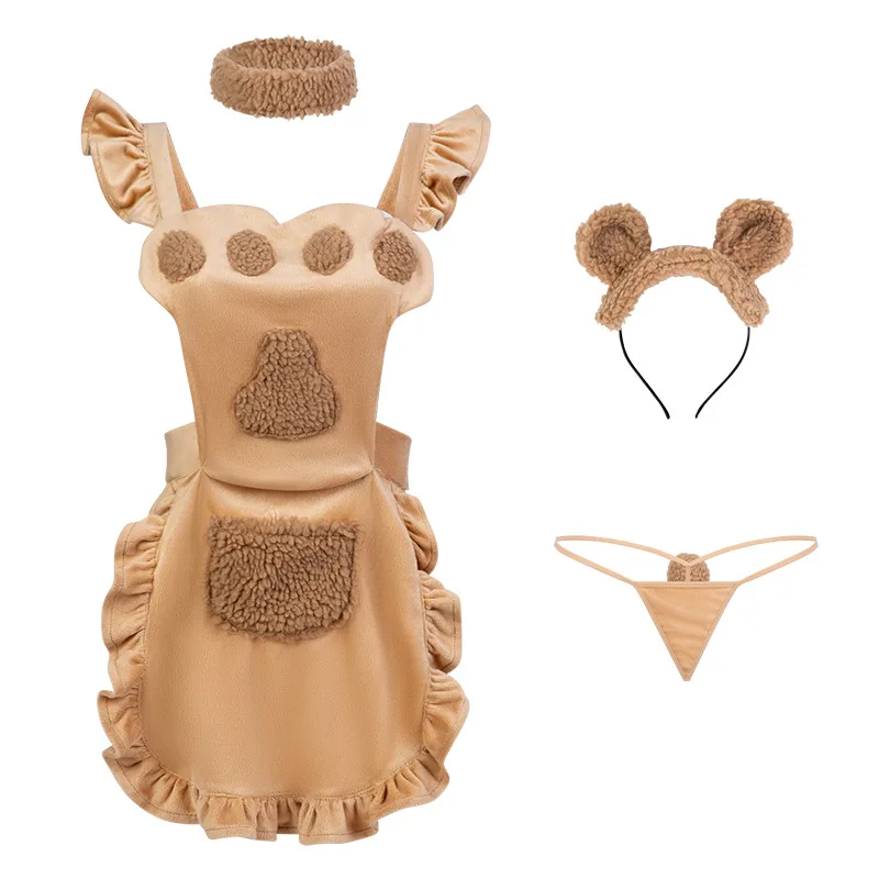 AniLV Japanese Anime Girl Cute Bear Paw Apron Plush Maid Dress Uniform Cosplay Outfit Costume