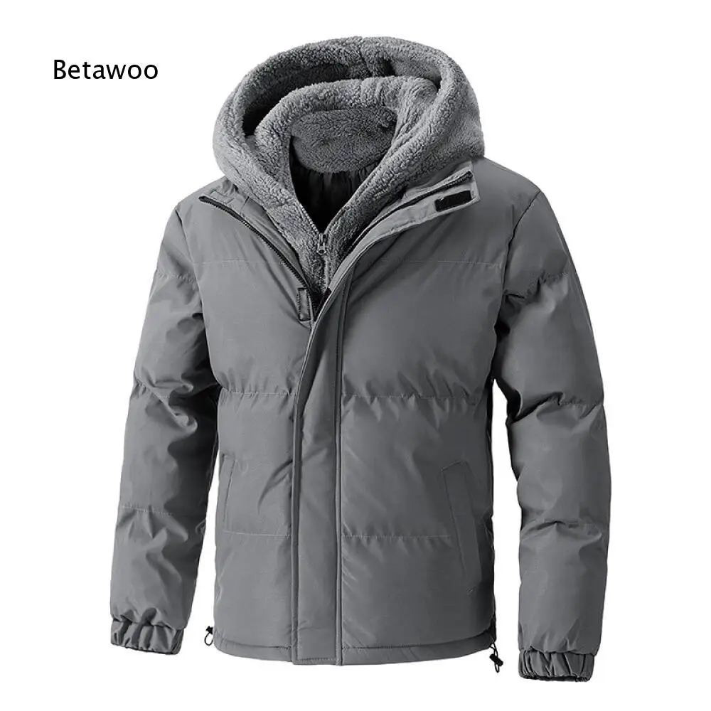 Men Warm Fleece Inner Hooded Padded Jacket Full Zip Closure Thick Winter Outerwear For Daily And Outdoor Wearing